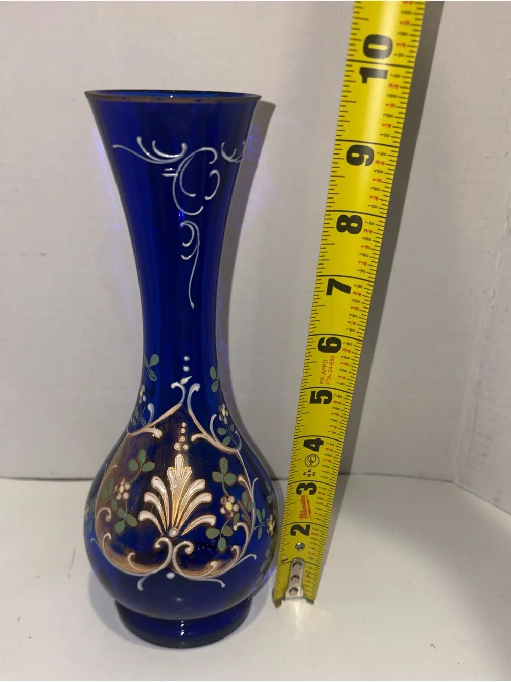 Cobalt Blue Decorative Glass Vase with Gold Floral Accents